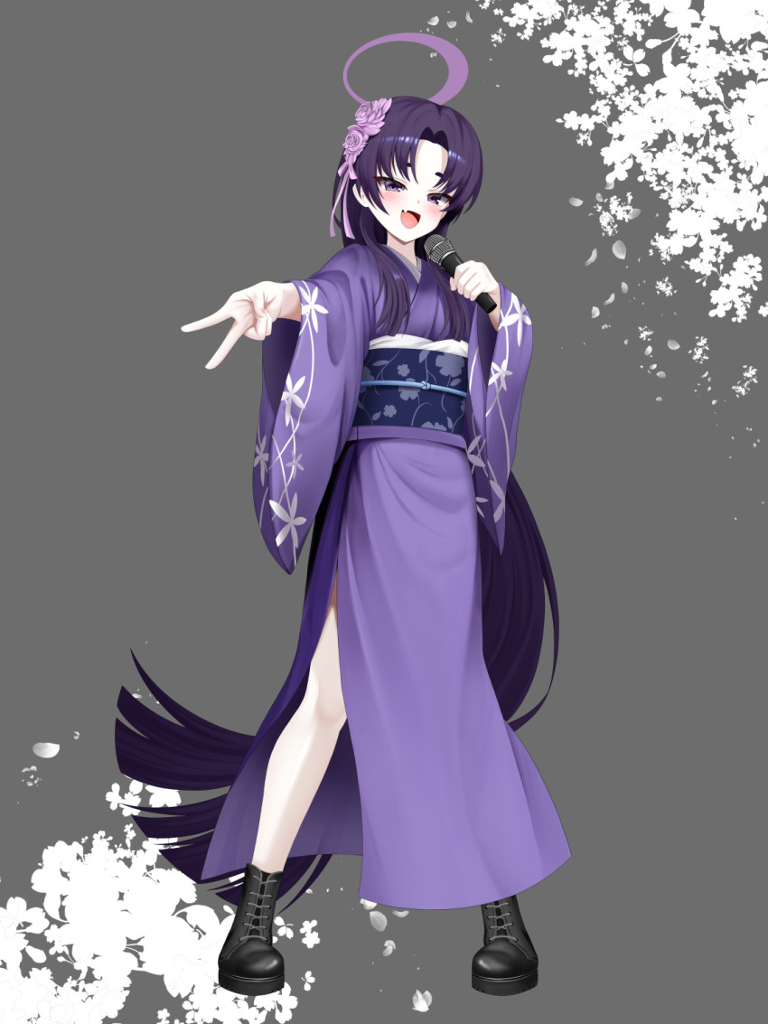 1girl alternate_costume alternate_hairstyle black_boots blue_archive blunt_ends blush boots fang floral_print floral_print_kimono flower gyaru_v hair_flower hair_ornament highres holding holding_microphone japanese_clothes kimono kuinanoda long_hair looking_at_viewer microphone open_mouth parted_bangs print_kimono purple_eyes purple_flower purple_hair purple_kimono purple_sash sash skin_fang solo v yukari_(blue_archive)