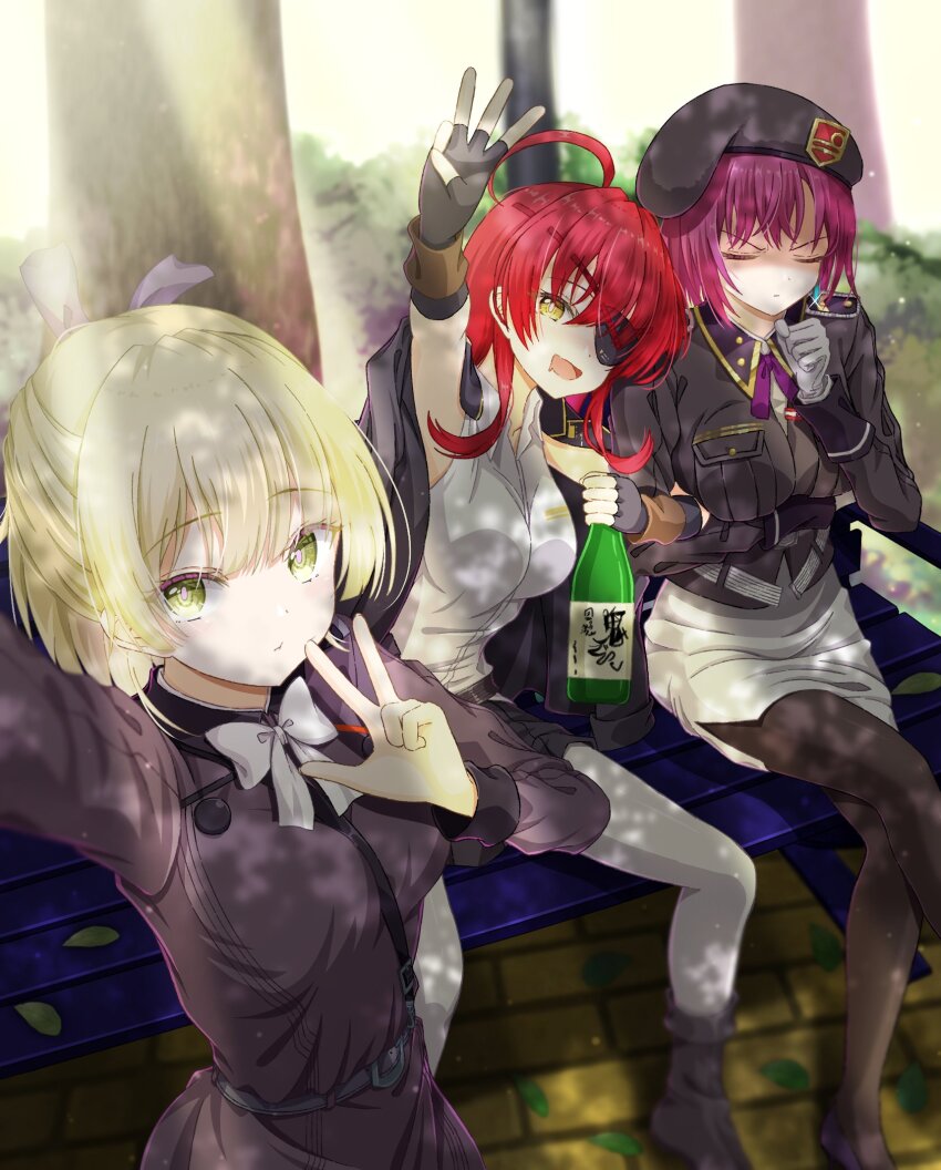 3girls ahoge asami_makiko_(heaven_burns_red) bench black_dress black_pantyhose blonde_hair bottle bow breasts dress eyepatch gloves green_eyes heaven_burns_red highres jacket jacket_on_shoulders large_breasts long_hair mochimugi_rice multiple_girls nanase_nanami_(heaven_burns_red) outdoors pantyhose pencil_skirt purple_hair red_eyes red_hair shirt short_hair skirt tezuka_saki tree white_gloves white_shirt wine_bottle yellow_eyes