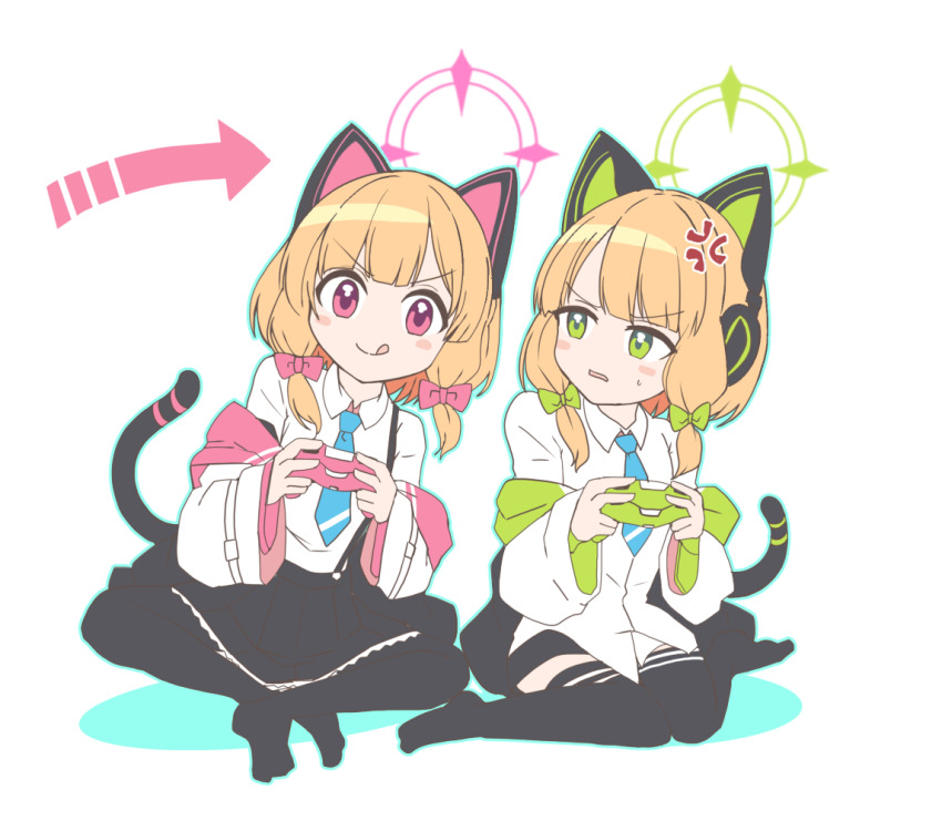 &gt;:) 2girls :q anger_vein angry arrow_(symbol) black_shirt black_shorts black_thighhighs blonde_hair blue_archive blue_outline blunt_bangs blush_stickers bow closed_mouth collared_shirt commentary_request controller dress_shirt frilled_skirt frills frown full_body game_controller gamepad green_bow green_halo hair_bow halo hands_up holding holding_controller holding_game_controller indian_style jacket jacket_partially_removed leaning_to_the_side long_sleeves looking_at_another looking_at_viewer medium_hair midori_(blue_archive) miniskirt momoi_(blue_archive) multiple_girls no_shoes open_clothes open_jacket open_mouth outline pink_bow pink_eyes pink_halo playing_games pleated_skirt ririfu school_uniform shirt shorts siblings sidelocks simple_background sisters sitting skirt smile smug tareme thighhighs tongue tongue_out twins v-shaped_eyebrows white_background white_jacket white_shirt wide_sleeves zettai_ryouiki