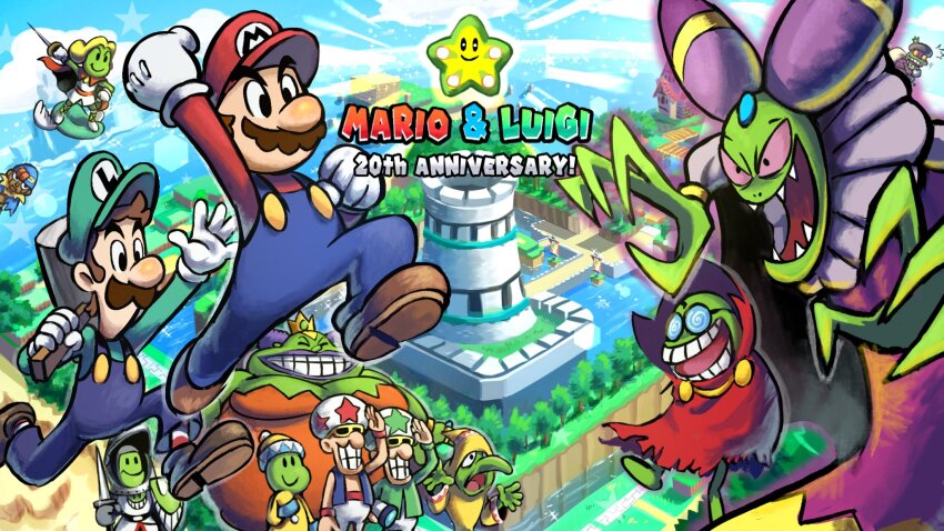 3girls 6+boys @_@ anniversary beanbean_troop beanstar blue_headwear blue_overalls brown_hair building cackletta clenched_hands cloud colored_skin commentary day facial_hair fawful general_starshade geno_(mario) gloves green_skin hammer highres holding holding_hammer lady_lima luigi mario mario_&amp;_luigi:_superstar_saga mario_&amp;_luigi_rpg mario_(series) masanori_sato_(style) multiple_boys multiple_girls mustache nintendo open_mouth outdoors overalls pea_(mario) popple_(mario) prince_peasley queen_bean red_headwear red_shirt sergeant_starshade sharp_teeth shirt sky star_(symbol) symbol-only_commentary teeth white_gloves ya_mari_6363