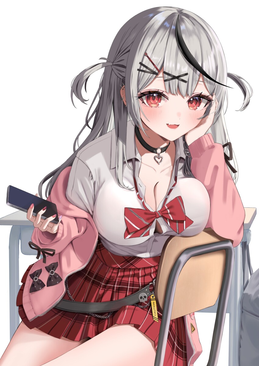 1girl :d absurdres ara1e belt belt_collar black_hair bow bowtie breasts button_gap cellphone chair cleavage collar cowlick desk elbow_rest fang grey_hair hair_ornament hand_on_own_cheek hand_on_own_face highres holding holding_phone hololive jacket large_breasts long_hair multicolored_hair off_shoulder official_alternate_costume official_alternate_hair_length official_alternate_hairstyle open_clothes open_jacket open_mouth phone plaid_clothes plaid_skirt red_eyes red_nails sakamata_chloe sakamata_chloe_(gyarumata) school_chair school_desk simple_background sitting skirt smartphone smile solo streaked_hair two_side_up virtual_youtuber white_background x_hair_ornament
