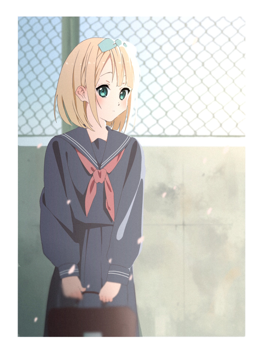 1girl 22/7 bag black_serafuku blonde_hair blue_bow blue_hairband blurry blush bob_cut border bow bow_hairband brown_bag cowboy_shot depth_of_field falling_petals green_eyes hair_bow hairband highres holding holding_bag inverted_bob long_sleeves looking_at_viewer neckerchief outdoors petals pink_petals pleated_skirt red_neckerchief saito_nicole school_bag school_uniform serafuku short_hair skirt solo tanpaku_(oqu_2) white_border