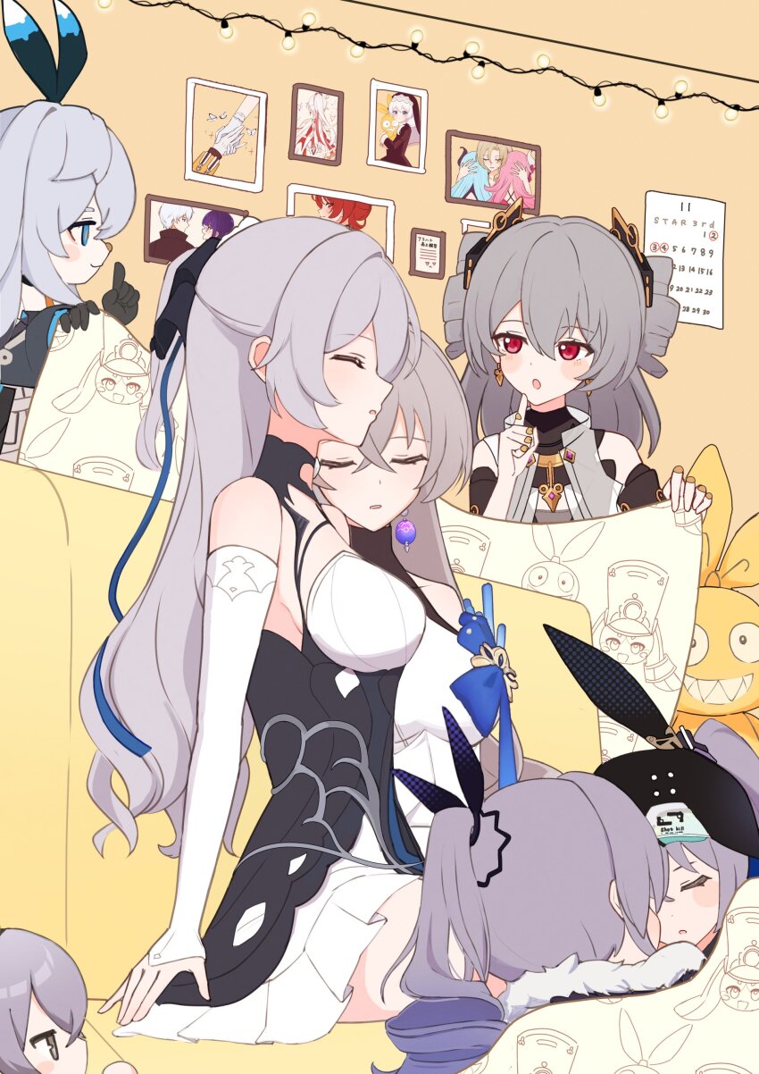 6+girls :o absurdres black_dress blanket blue_hair bronya_rand bronya_zaychik bronya_zaychik_(haxxor_bunny) bronya_zaychik_(silverwing:_n-ex) calendar_(object) closed_mouth cocolia_(honkai_impact) commentary_request company_connection crossed_bangs dress drill_hair earrings finger_to_mouth gradient_hair hair_between_eyes hair_ribbon highres holding holding_blanket homu_(honkai_impact) honkai:_star_rail honkai_(series) honkai_impact_3rd jewelry kevin_kaslana kiana_kaslana kiana_kaslana_(herrscher_of_flamescion) liliya_olenyeva mei_(honkai_impact) multicolored_hair multiple_girls murata_himeko murata_himeko_(battle_storm) open_mouth picture_frame pom-pom_(honkai:_star_rail) ponytail project_bunny prometheus_(honkai_impact) red_eyes ribbon rozaliya_olenyeva sazisazi50 shared_blanket single_drill sitting sleeping sleeping_on_person sleeping_upright theresa_apocalypse theresa_apocalypse_(valkyrie_pledge) twin_drills two-tone_dress two-tone_hair two_side_up voice_actor_connection white_dress