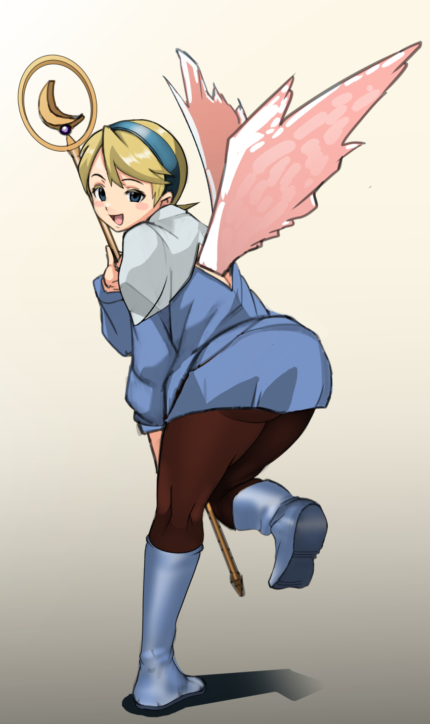 1girl angel_wings ass blonde_hair blue_boots blue_eyes blush_stickers boots breath_of_fire breath_of_fire_iv dress feathered_wings full_body hairband highres looking_at_viewer minami_no_uo-za nina_(breath_of_fire_iv) open_mouth pantyhose short_hair simple_background skirt smile solo variant_set very_short_hair wings
