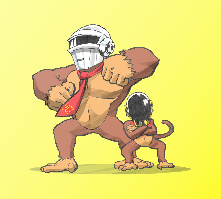 2boys brown_fur cosplay crossed_arms crossover daft_punk diddy_kong donkey_kong donkey_kong_(series) drawfag full_body gorilla guy-manuel_de_homem-christo guy-manuel_de_homem-christo_(cosplay) helmet highres male_focus monkey_tail multiple_boys navel necktie nintendo red_shirt shirt simple_background standing tail thomas_bangalter thomas_bangalter_(cosplay) yellow_background