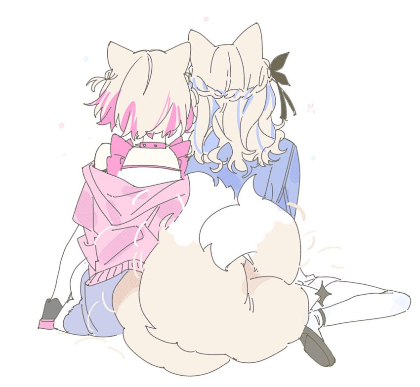 2girls animal_ears blonde_hair blue_camisole blue_streaks camisole collar dog_ears dog_girl dog_tail frilled_camisole frills from_behind fuwawa_abyssgard fuwawa_abyssgard_(casual) hololive hololive_english intertwined_tails jacket long_hair mococo_abyssgard mococo_abyssgard_(casual) multiple_girls pink_collar pink_jacket pink_streaks short_hair siblings sisters sitting stemiomio tail twins virtual_youtuber white_background