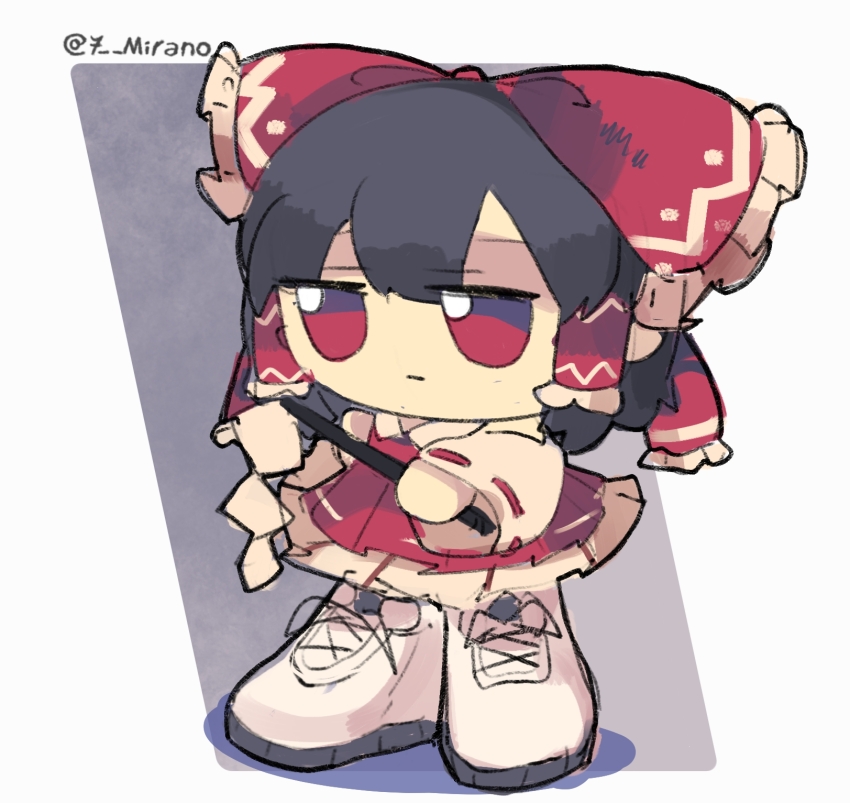 1girl 7-mirano ascot bow character_doll detached_sleeves frilled_bow frilled_hair_tubes frills fumo_(doll) gohei hair_bow hair_tubes hakurei_reimu highres red_bow red_eyes red_skirt shirt shoes skirt sneakers solo touhou white_shirt