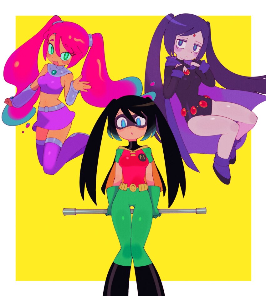 batrobin_k black_leotard blue_eyes boots cape cosplay crop_top dc_comics domino_mask green_eyes green_pants hatsune_miku highres hood hood_down leotard mask miniskirt pants pink_hair purple_footwear purple_hair purple_skirt purple_tank_top raven_(dc) raven_(dc)_(cosplay) red_shirt robin_(dc) robin_(dc)_(cosplay) shirt skirt sleeved_leotard starfire starfire_(cosplay) tank_top teen_titans thigh_boots twintails vocaloid y2k_fashion