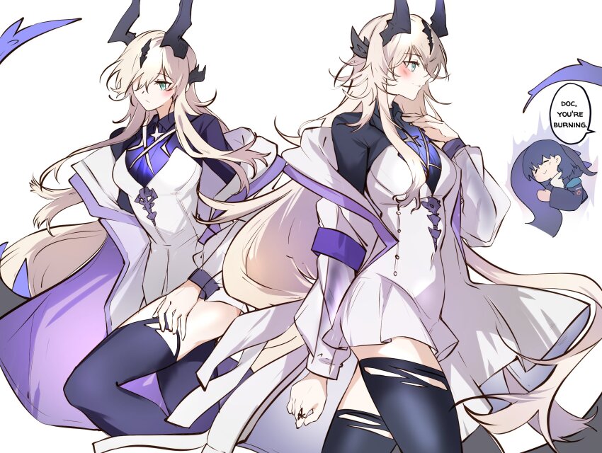 2girls arknights arya_melati black_shirt black_thighhighs blonde_hair blue_hair blush breasts chibi chibi_inset closed_eyes closed_mouth coat collared_shirt commentary cowboy_shot doctor_(arknights) dragon_girl dragon_horns dragon_tail dress necrass_(arknights) english_commentary english_text female_doctor_(arknights) green_eyes hair_over_one_eye highres horns jewelry long_hair long_sleeves medium_breasts multiple_girls multiple_views open_clothes open_coat ring see-through_clothes see-through_sleeves shirt simple_background sleeping smile speech_bubble tail thighhighs torn_clothes torn_thighhighs very_long_hair white_background white_coat white_dress