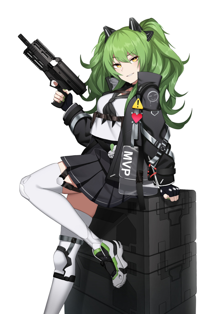 1girl black_jacket black_skirt blush calico_light_weapons_systems calico_m950 calico_m950a case cero_(last2stage) cheek_pistol commission double-stack_magazine foot_out_of_frame girls&#039;_frontline green_hair green_nails gun handgun heart helical_magazine high-capacity_magazine highres holding holding_gun holding_weapon jacket leaning_on_object long_hair long_sleeves looking_at_viewer m950a_(girls&#039;_frontline) m950a_(mod3)_(girls&#039;_frontline) machine_pistol mod3_(girls&#039;_frontline) nail_polish official_alternate_costume parted_lips pistol pixiv_commission pleated_skirt school_uniform shirt shoes simple_background skirt smile solo thighhighs twintails weapon white_background white_shirt white_shoes white_thighhighs yellow_eyes