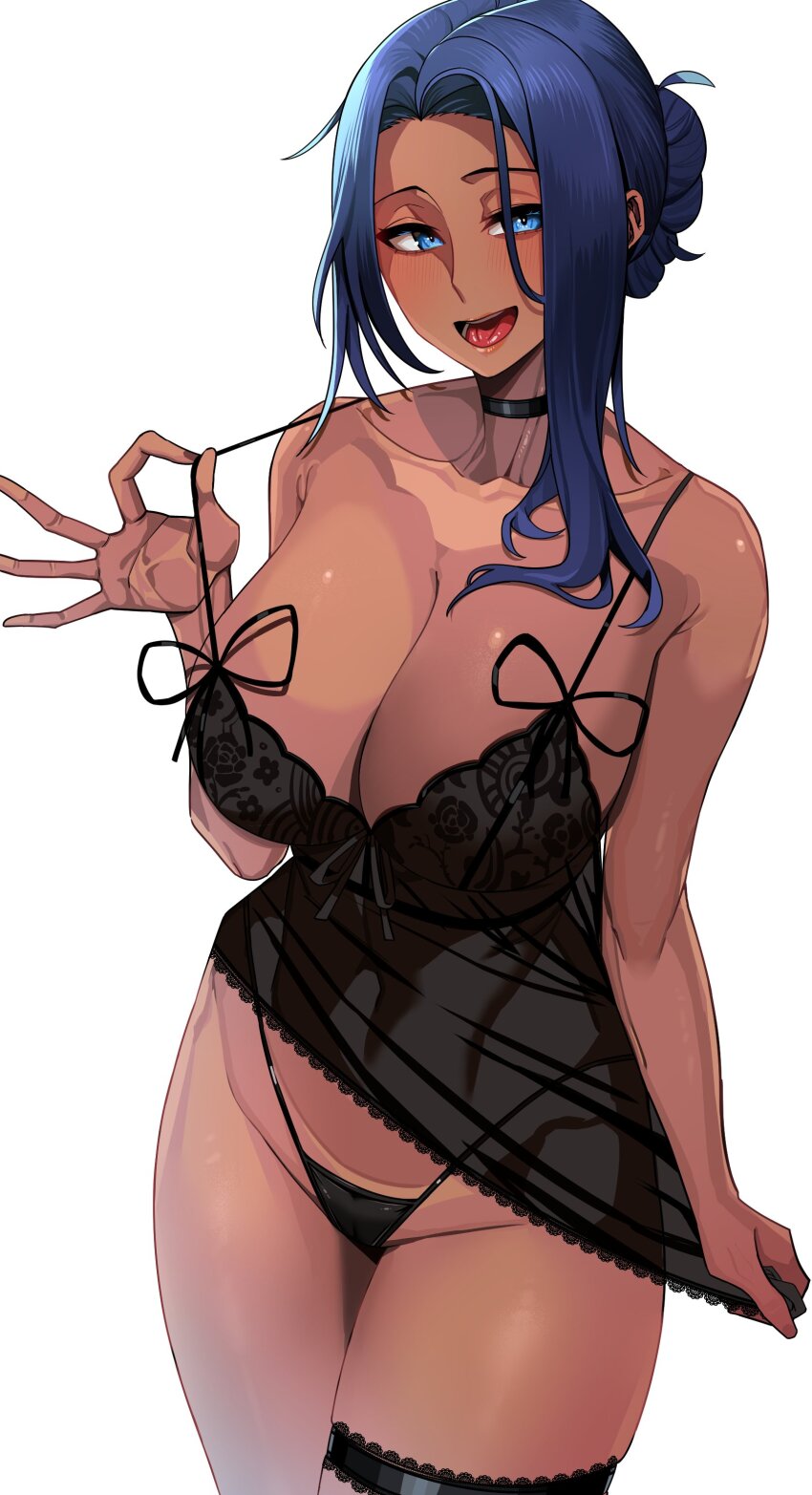 absurdres asymmetrical_bangs black_choker black_panties blue_eyes blue_hair blush breasts choker cleavage clothes_pull collarbone cowboy_shot dark-skinned_female dark_skin dress_pull hair_bun highres lace-trimmed_garter_belt lace_trim large_breasts legwear_garter lingerie looking_at_viewer marsha_thompson negligee open_mouth panties rhlatm strap_pull tatakau_ni_atai_suru underwear