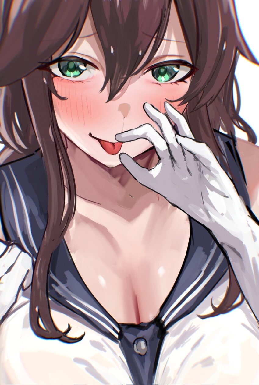 1girl black_sailor_collar braid breasts brown_hair cleavage gloves green_eyes highres kantai_collection large_breasts long_hair miyako_(rgrayt) noshiro_(kancolle) sailor_collar shirt solo tongue tongue_out upper_body white_gloves white_shirt