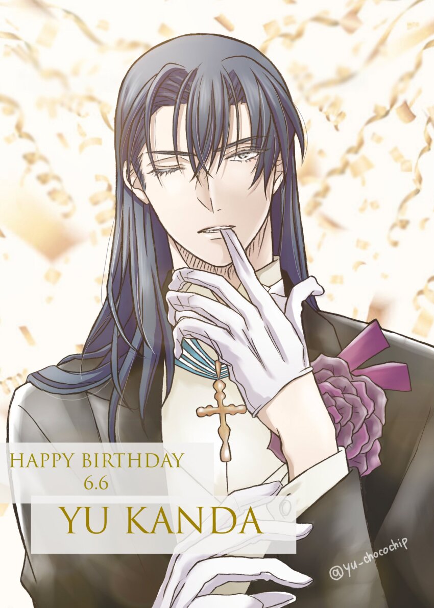 1boy asymmetrical_hair birthday black_suit blue_eyes blue_hair blue_ribbon confetti cross cross_necklace d.gray-man finger_in_own_mouth flower formal_clothes gloves hair_between_eyes hair_over_shoulder happy_birthday highres jewelry kanda_yuu long_hair looking_at_viewer male_focus mouth_hold neck_ribbon necklace one_eye_closed parted_lips purple_flower purple_ribbon ribbon shirt sidelocks signature single_sidelock solo suit two-tone_background two-tone_ribbon vest white_background white_gloves white_ribbon white_shirt white_vest yellow_background yu_chocochip