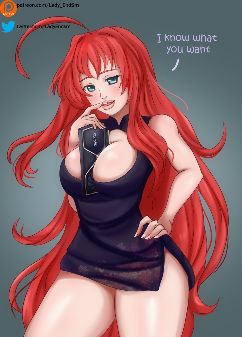 1girl absurdres ahoge bare_arms bare_shoulders between_breasts blue_eyes blush breasts cleavage cowboy_shot curvy demon demon_girl dress dress_shirt female_focus finger_to_mouth game gradient_background graphics_card high_school_dxd highres ladyendsm large_breasts long_hair looking_back microdress open_mouth red_hair rias_gremory shirt simple_background smile standing thick_lips thighs very_long_hair wide_hips