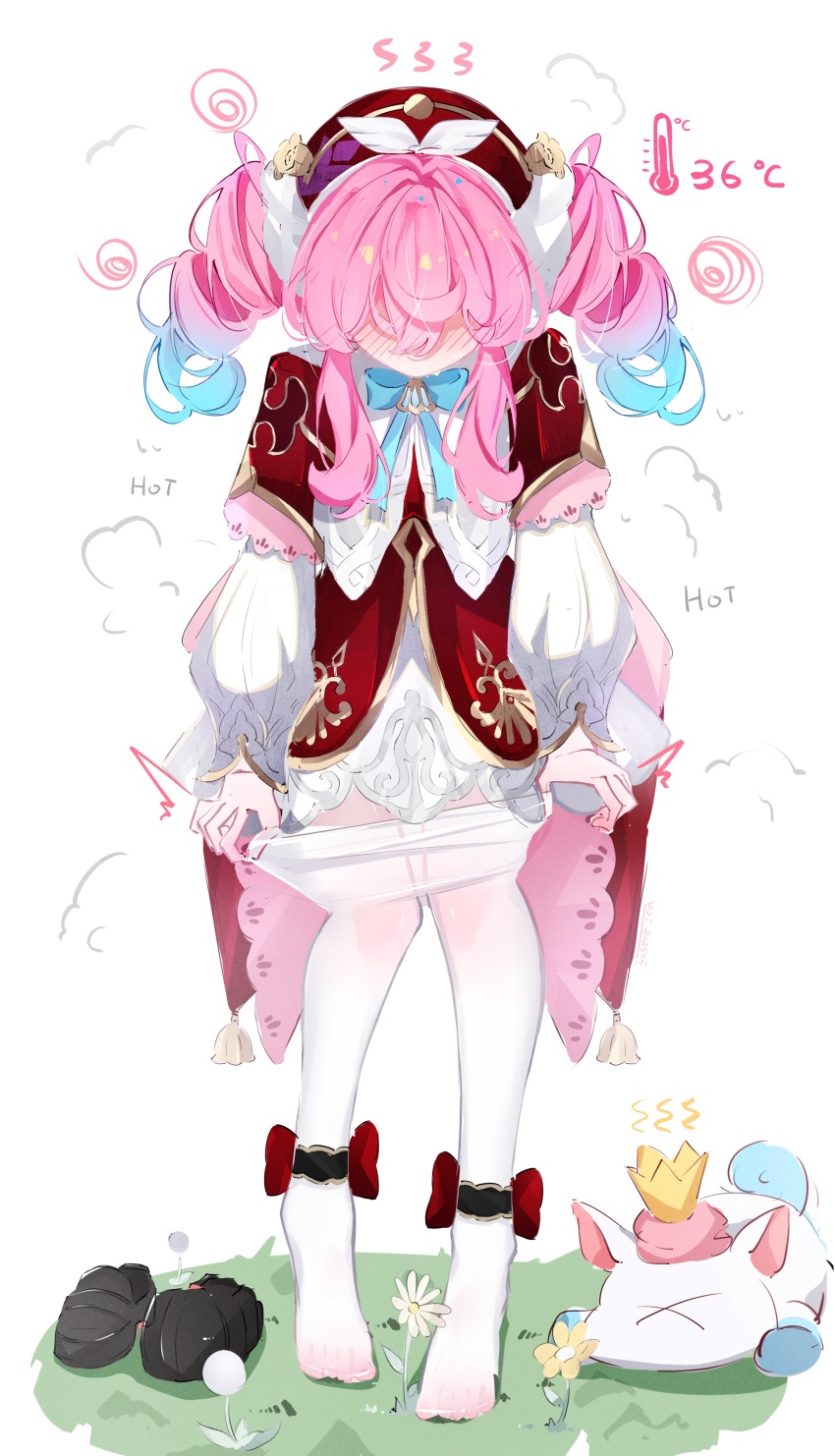 1girl absurdres aqua_bow aqua_bowtie aqua_hair black_shoes blush bow bowtie clothes_pull commentary_request dress drill_hair full-face_blush hat highres honkai:_star_rail honkai_(series) hyacine_(honkai:_star_rail) little_ica_(honkai:_star_rail) multicolored_hair pantyhose pantyhose_pull pink_hair pulling_own_clothes red_dress red_hat shoes simple_background solo temperature twin_drills two-tone_hair undressing unworn_shoes voi_271 white_background white_pantyhose x_x