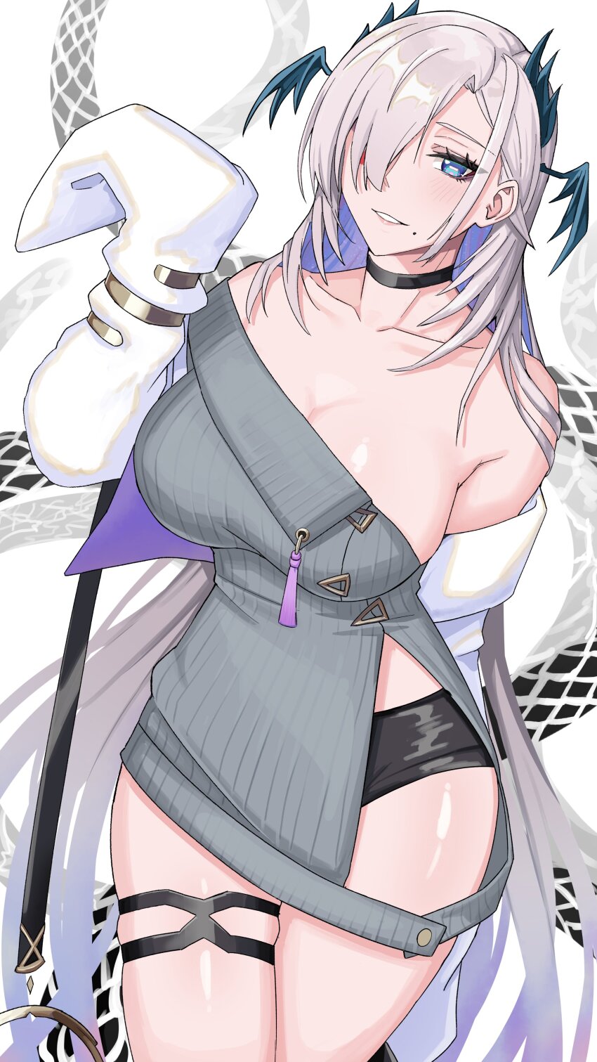 1girl absurdres black_choker black_shorts blue_eyes breasts bright_pupils choker collarbone cosplay dress fate/grand_order fate_(series) grey_hair hair_over_one_eye head_wings highres horizontal_pupils indie_virtual_youtuber kuon_bb mole mole_under_mouth mrs._snake_(fate) mrs._snake_(fate)_(cosplay) pochimaru_(vtuber) short_shorts shorts skindentation sleeves_past_fingers sleeves_past_wrists sweater sweater_dress tassel virtual_youtuber white_pupils wings