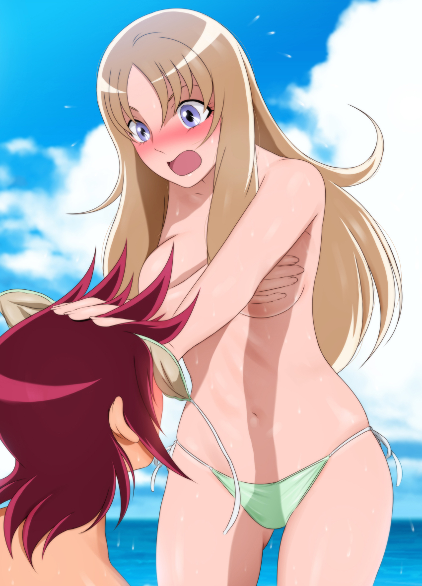 1boy 1girl aquila_yuna beach bikini blue_eyes blush breasts covering_breasts covering_nipples covering_privates day embarrassed green_bikini groin hand_on_another&#039;s_head highres legs light_brown_hair long_hair looking_at_another medium_breasts navel ocean open_mouth outdoors pegasus_koga red_hair saint_seiya saint_seiya_omega sky standing swimsuit thighs topless_female unworn_bikini_top water yadokari_genpachirou