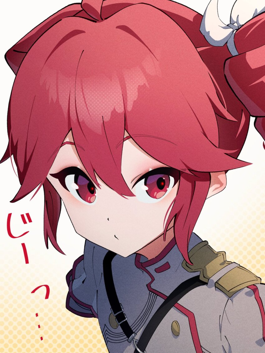 1girl ahoge bow buttons closed_mouth double-breasted double-parted_bangs drill_hair fin_gocco hair_between_eyes hair_bow highres jacket kasane_teto kasane_teto_(sv) looking_to_the_side portrait print_background red_eyes red_hair red_trim shoulder_belt solo striped_clothes striped_jacket synthesizer_v twin_drills utau white_background white_bow