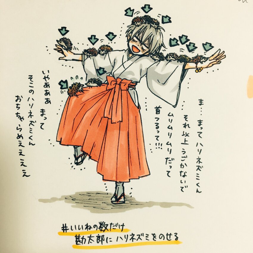 1boy animal animal_on_arm animal_on_hand animal_on_head animal_on_leg animal_on_shoulder arrow_(symbol) balancing blank_eyes bracelet full_body grey_hair hakama head_tilt hedgehog highres ichinomiya_kantarou japanese_clothes jewelry kosode leg_lift male_focus marker_(medium) miko motion_lines on_head open_mouth outstretched_arms panicking red_hakama sandals shaking shindan_maker short_hair solo spread_arms standing standing_on_one_leg tabi tactics traditional_media translation_request trembling turn_pale yuki_(hello_idiot) zouri