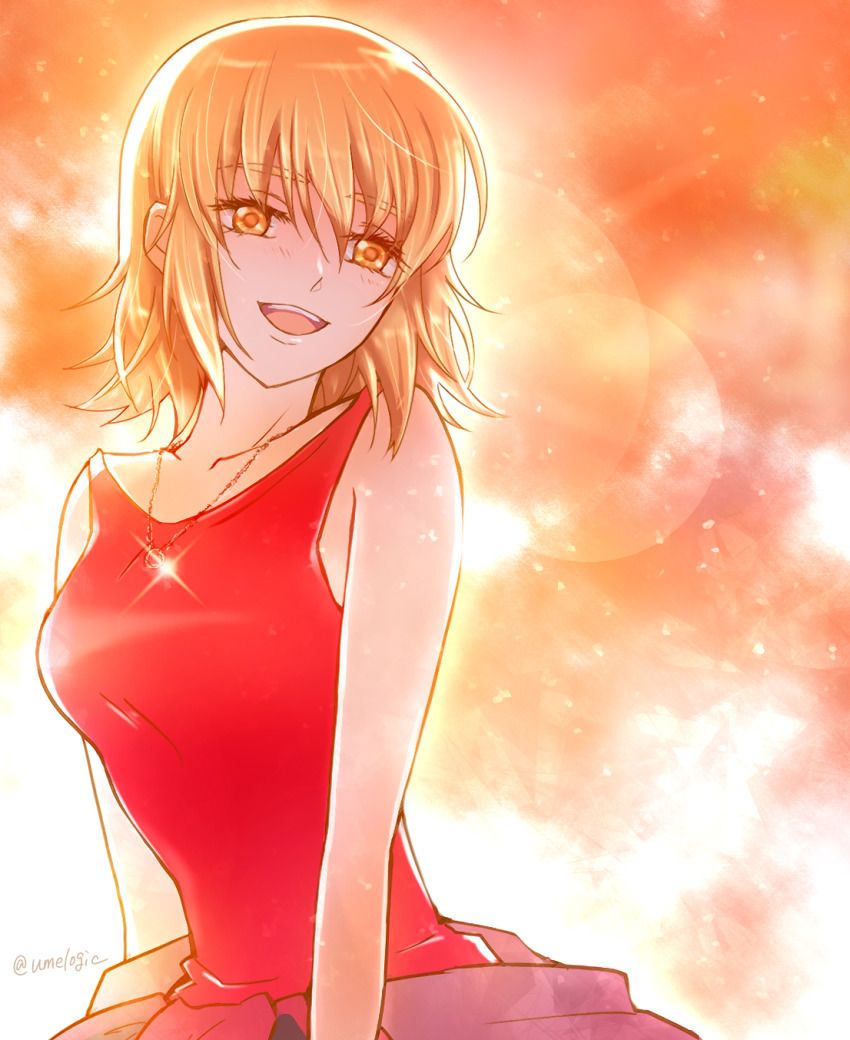 1girl :d artist_name bare_arms blonde_hair cagalli_yula_athha collarbone commentary_request gundam gundam_seed highres jewelry lens_flare looking_at_viewer medium_hair necklace open_mouth red_tank_top smile solo straight_hair tank_top twitter_username umelogic upper_body yellow_eyes