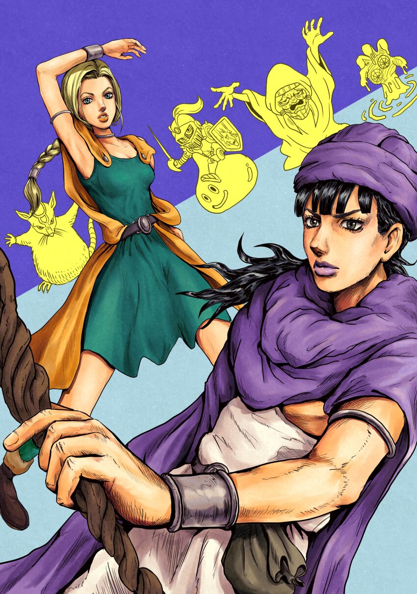 1boy 2girls absurdres androgynous araki_hirohiko_(style) armlet bianca_(dq5) black_eyes black_hair blonde_hair blue_eyes braid braided_ponytail breasts cape chibi cleavage commentary_request crossover dragon_quest dragon_quest_v dress enya_geil green_dress hat hero_(dq5) highres holding holding_staff jewelry jojo_no_kimyou_na_bouken kaib0y long_hair medium_breasts medium_dress multiple_girls old old_woman parody purple_cape purple_hat purple_lips silver_chariot single_braid slime_(dragon_quest) staff stand_(jojo) stardust_crusaders style_parody