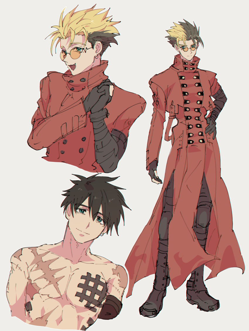 1boy black_boots black_gloves black_hair blonde_hair blue_eyes boots coat collared_jacket cropped_torso earrings full_body gloves hand_on_own_hip highres jacket jewelry male_focus mechanical_arms mohimohinosiri mole mole_under_eye multicolored_hair multiple_scars multiple_views orange-tinted_eyewear partially_fingerless_gloves prosthesis prosthetic_arm red_coat round_eyewear scar scar_on_chest simple_background single_earring single_mechanical_arm smile spiked_hair standing tinted_eyewear topless_male trigun trigun_maximum two-tone_hair vash_the_stampede