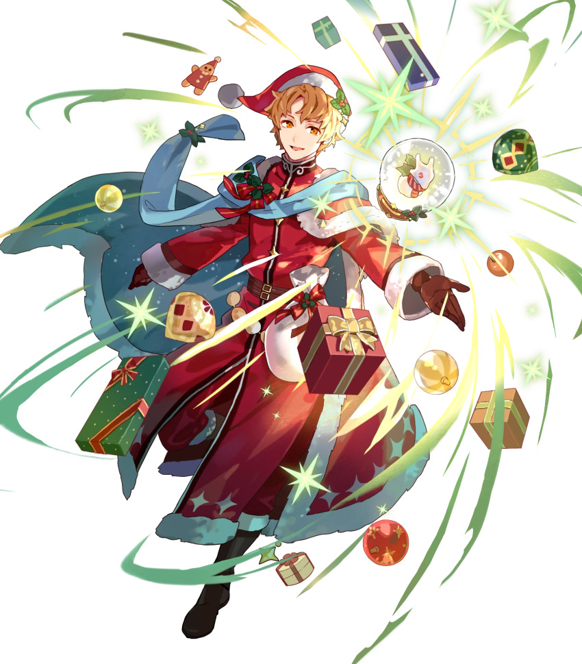 1boy artur_(fire_emblem) artur_(silver_saint)_(fire_emblem) boots brown_footwear brown_gloves cape christmas coat fire_emblem fire_emblem:_the_sacred_stones fire_emblem_heroes floating floating_object fur-trimmed_cape fur-trimmed_sleeves fur_trim gloves hat highres leather leather_belt leather_boots leather_gloves nintendo official_alternate_costume official_art orange_hair red_coat red_eyes sack santa_hat short_hair snow_globe third-party_source tobi_(kotetsu) toy