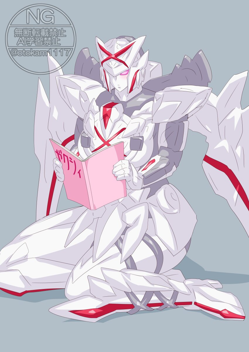 1girl absurdres blush book breasts highres holding holding_book mecha mechanical_wings no.1_sentai_gozyuger otokamu purple_eyes queen_tegajune robot solo solo_focus super_sentai tokusatsu wings