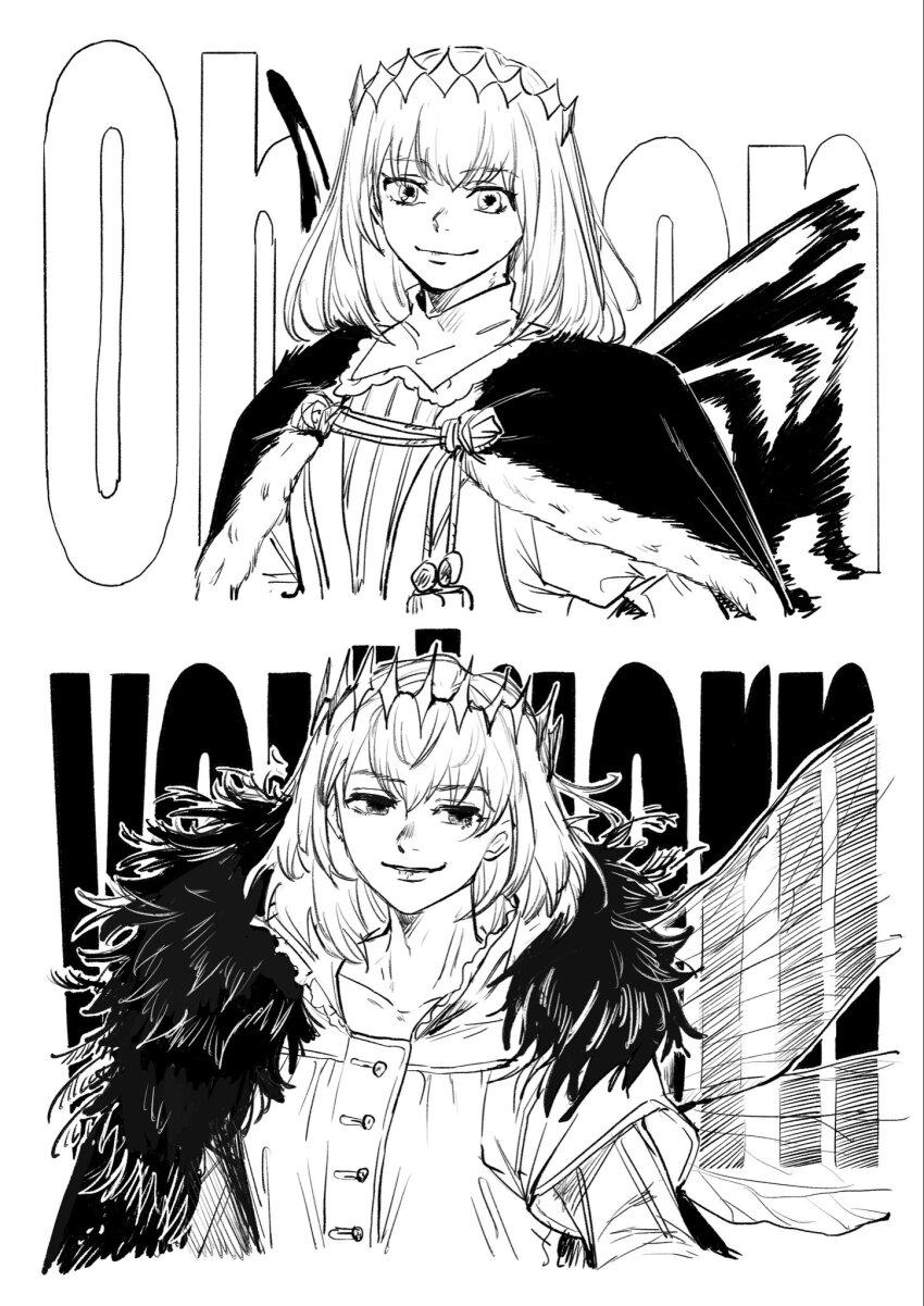 2boys butterfly_wings cape character_name crown dragonfly_wings dual_persona fate/grand_order fate_(series) fur-trimmed_cape fur_trim highres insect_wings male_focus medium_hair multiple_boys oberon_(fate) oberon_(first_ascension)_(fate) oberon_(third_ascension)_(fate) smile tetro_mino361 wings
