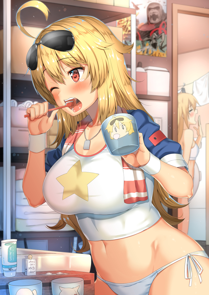 2girls absurdres ahoge aircraft azur_lane b-ginga bathroom blonde_hair blurry breasts brushing_teeth cleveland_(azur_lane) columbia_(azur_lane) cowboy_shot crop_top crossover cup day depth_of_field dog_tags explosion eyewear_on_head hair_between_eyes helicopter highres indoors jewelry king_kong king_kong_(series) kong:_skull_island large_breasts laundry leafwing legendary_pictures long_hair mire_squid monsterverse montpelier_(azur_lane) morning movie_poster mug multiple_crossover multiple_girls navel necklace one_eye_closed open_mouth panties psychovulture red_eyes short_sleeves side-tie_panties skullcrawler solo_focus star_(symbol) star_print tears teeth tentacles toothbrush towel towel_around_neck uh-1_iroquois underwear warner_bros white_panties wrist_cuffs yawning
