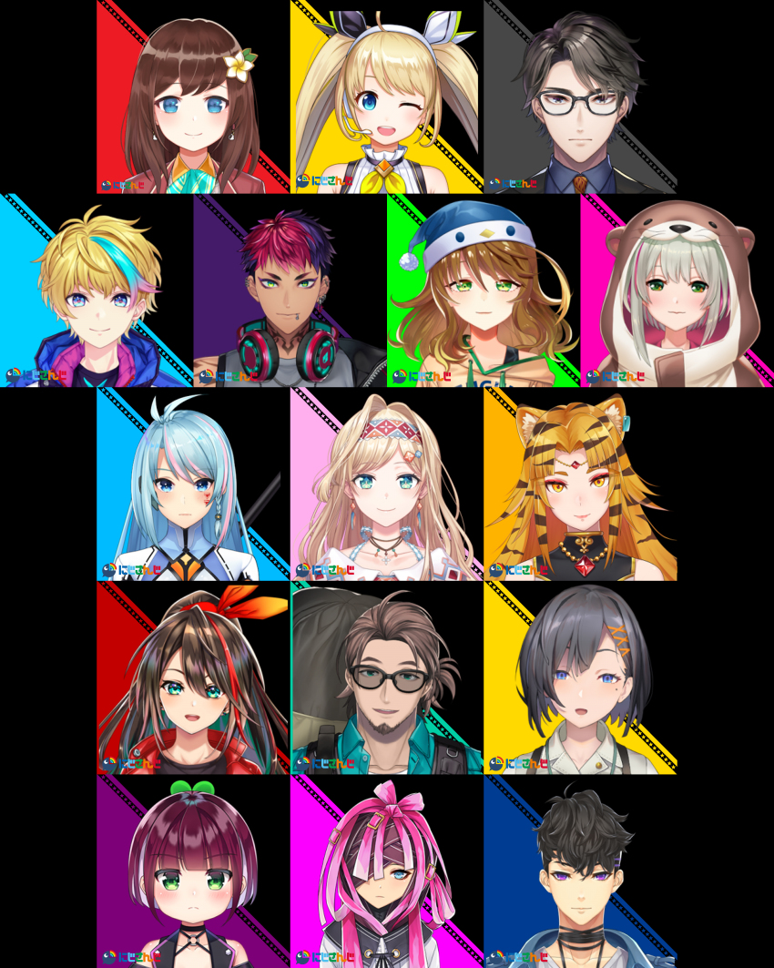 absurdres amicia_michella animal_ears animal_hood azura_cecillia black_eyes black_hair blonde_hair blue_eyes blush bonnivier_pranaja brown_hair child closed_mouth derem_kado earrings etna_crimson facial_hair facial_mark hair_flower glasses goatee green_eyes grey_hair hair_ornament hair_ribbon hana_macchia head_ornament headband headphones headphones_around_neck headset highres hood incredibly_absurdres jewelry layla_alstroemeria logo miyu_ottavia multicolored_hair multiple_piercings nagisa_arcinia nara_haramaung neck_tattoo nijisanji nijisanji_id official_art one_eye_closed purple_eyes purple_hair rai_galilei red_hair reza_avanluna ribbon riksa_dhirendra siska_leontyne suspenders taka_radjiman tattoo virtual_youtuber weapon weapon_on_back wink yellow_eyes zea_cornelia