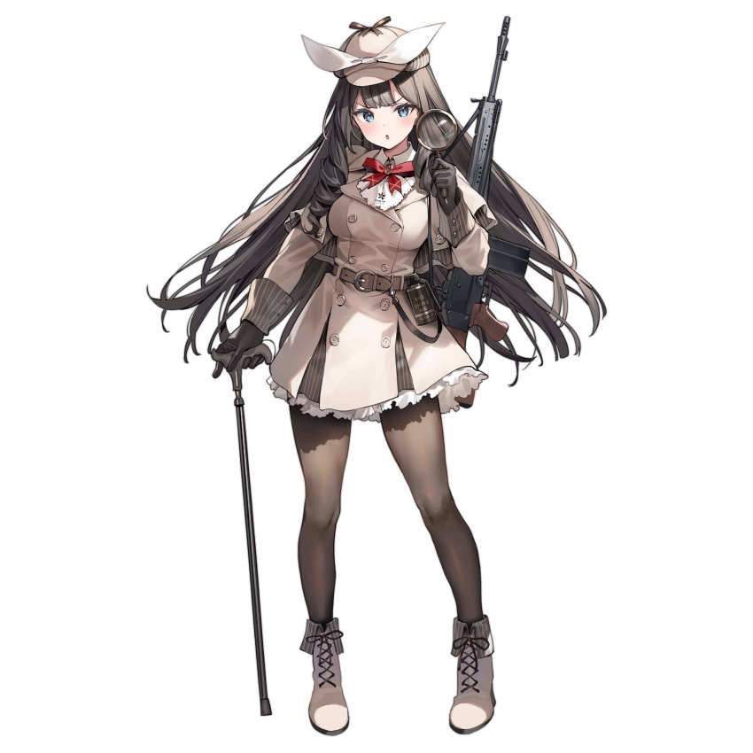 1girl ascot battle_rifle beige_coat belt belt_buckle black_gloves blue_eyes bow bowtie brooch brown_hair brown_pantyhose buckle cane coat drill_hair drill_sidelocks explosive full_body girls&#039;_frontline gloves grenade gun gun_on_back hand_grenade hat hat_bow highres holding holding_magnifying_glass howa_type_64 howa_type_64_(an_unsuitable_job_for_her)_(girls&#039;_frontline) howa_type_64_(girls&#039;_frontline) jewelry lace_trim less-than-lethal_weapon long_hair m18_smoke_grenade magnifying_glass newsboy_cap official_alternate_costume official_art pantyhose parsley-f parted_lips rifle side-seamed_gloves sidelocks smoke_grenade solo strap transparent_background trench_coat tsurime very_long_hair weapon weapon_on_back white_bow white_footwear