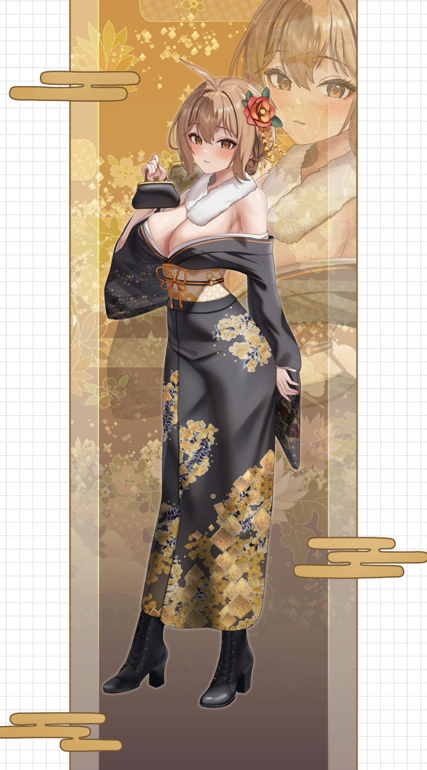 1girl absurdres ahoge alternate_costume anis_(nikke) black_kimono blush boots breasts brown_hair cleavage cloud_print egasumi eyeliner eyeshadow flower full_body goddess_of_victory:_nikke hair_flower hair_ornament high_heel_boots high_heels highres holding holding_wallet japanese_clothes kimono large_breasts looking_at_viewer makeup obi obijime off_shoulder print_kimono sash skindentation solo subob_(subobdesu) wallet yellow_eyes zoom_layer