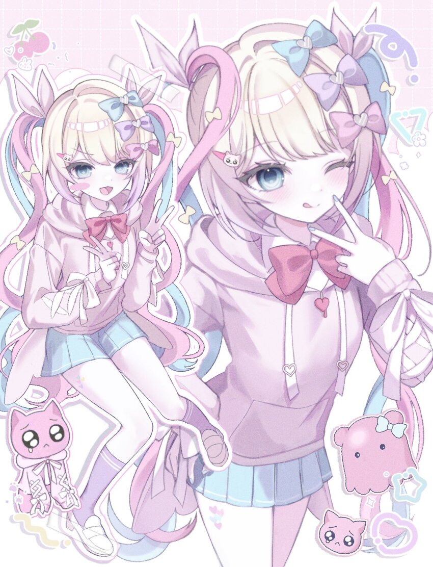 1girl :d ;d animal_hair_ornament blonde_hair blue_bow blue_eyes blue_hair blue_nails blue_skirt blunt_bangs blush_stickers bow bowtie chouzetsusaikawa_tenshi-chan chouzetsusaikawa_tenshi-chan_(needy_girl_overdose_exhibition) collared_shirt drawstring emoji fingernails hair_bow hair_ribbon hand_on_own_hip highres hood hoodie long_hair miniskirt multicolored_hair multiple_hair_bows nail_polish needy_girl_overdose one_eye_closed open_mouth pien_cat_(needy_girl_overdose) pink_bow pink_hair pink_hoodie pleading_face_emoji pleated_skirt purple_bow purple_socks red_bow red_bowtie ribbon shirt shoes skirt smile socks ttede_(0984mony) v very_long_hair white_ribbon white_shirt white_shoes