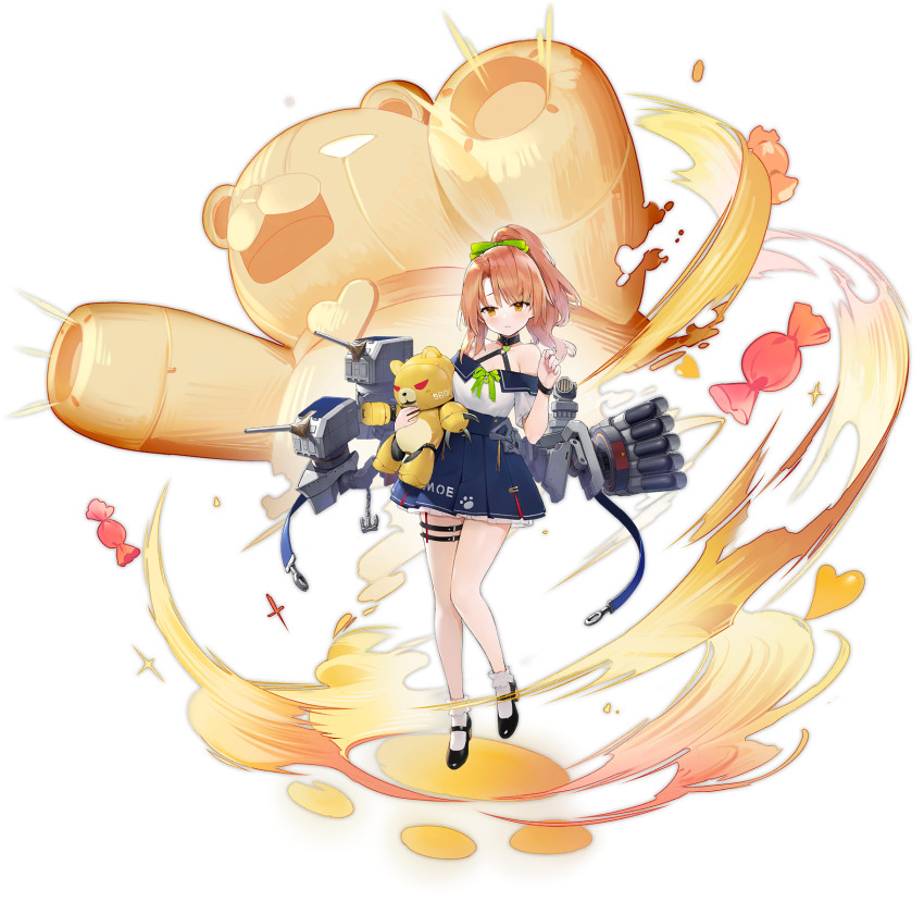 1girl artillery azur_lane bare_shoulders beargguy_iii black_footwear blue_ribbon blue_skirt candy food full_body high_ponytail highres holding holding_toy long_hair looking_at_viewer miniskirt morrison_(azur_lane) off-shoulder_shirt off_shoulder official_art orange_eyes orange_hair ponytail ribbon rigging shirt skirt socks solo suisai_(suisao) thigh_strap torpedo_tubes toy transparent_background white_shirt white_socks