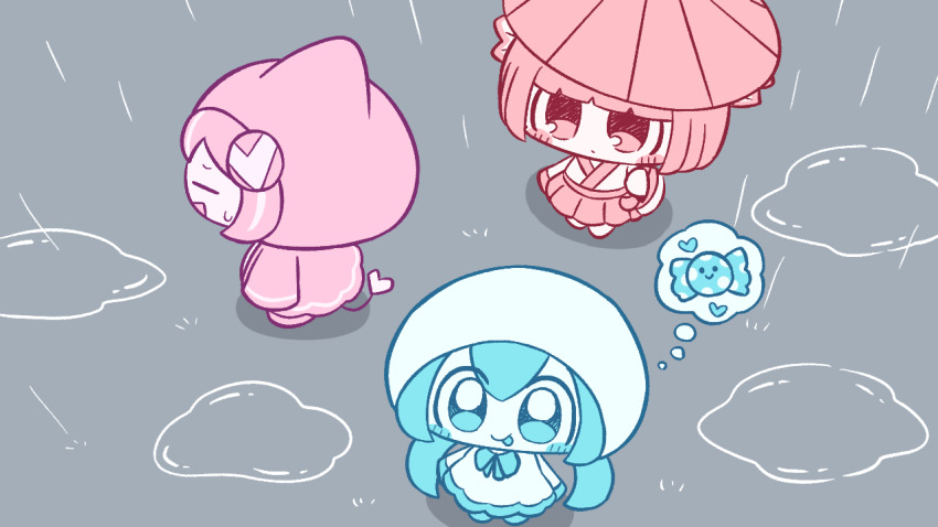 3girls amedama_(vocaloid) aqua_eyes aqua_hair aqua_leggings aqua_tongue arms_at_sides blunt_bangs blunt_ends candy chibi chibi_only closed_eyes closed_mouth dress expressionless food hairpods hatsune_miku holding holding_umbrella hood hood_up hooded_dress hooded_jacket jacket leggings long_hair long_sleeves looking_at_viewer multiple_girls neck_ribbon no_shoes open_mouth pepoyo pink_hair pink_hood pink_jacket poyopep poyoroid poyoroid_(mania) puddle rain red_eyes red_hair red_skirt red_umbrella ribbon short_hair skirt smile sweat tail thinking tongue tongue_out twintails umbrella utau vocaloid vy1 white_dress