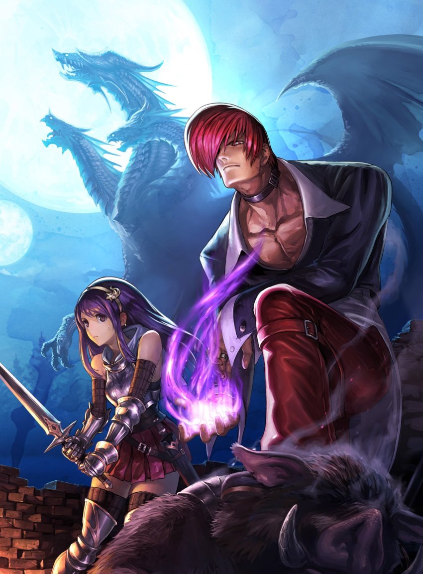 1boy 1girl altina_victoria armor asamiya_athena belt_collar breastplate brick collar collared_shirt commentary_request dragon elbow_gloves fire gauntlets gloves hair_over_one_eye hairband highres jewelry long_hair long_sleeves looking_at_another looking_at_viewer miniskirt official_art ogura_eisuke orc pants pleated_skirt purple_eyes purple_fire purple_hair red_eyes red_hair red_pants ring shirt short_hair skirt sleeveless sword the_king_of_fantasy the_king_of_fantasy the_king_of_fighters weapon white_shirt yagami_iori