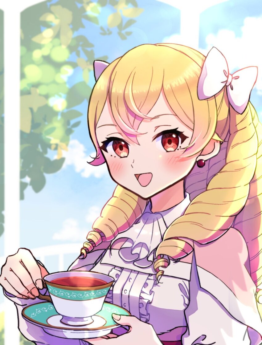 1girl ascot blonde_hair blue_sky blurry blurry_background cloud commentary_request cup drill_hair earrings eyelashes fire_emblem fire_emblem_awakening gogatsu_(yeaholiday) highres holding holding_plate jewelry long_hair looking_at_viewer maribelle_(fire_emblem) nintendo open_mouth outdoors plate red_eyes sky smile solo steam tea teacup twin_drills upper_body white_ascot