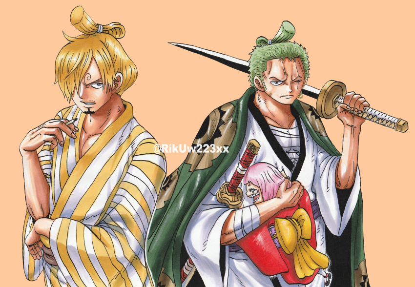 1girl 2boys artist_name blonde_hair cigarette closed_eyes closed_mouth commentary_request crying curly_eyebrows earrings facial_hair goatee green_hair highres holding holding_cigarette holding_sword holding_weapon japanese_clothes jewelry katana kimono looking_at_viewer multiple_boys one_eye_closed one_piece open_mouth pink_hair riku_(rikuw223xx) roronoa_zoro sanji_(one_piece) scar scar_across_eye scar_on_face short_hair simple_background single_earring sword tears teeth toko_(one_piece) topknot weapon