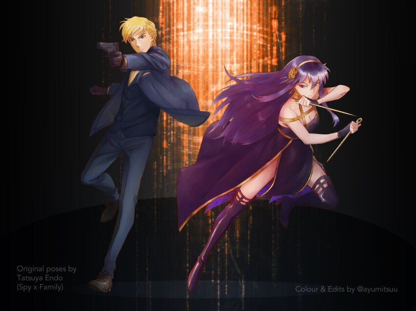 1boy 1girl aiming ayra_(fire_emblem) ayumitsuu black_dress black_hair black_thighhighs blonde_hair blue_eyes blue_pants blue_suit breasts chulainn_(fire_emblem) cleavage cosplay derivative_work dress dual_wielding fire_emblem fire_emblem:_genealogy_of_the_holy_war formal_clothes gun highres holding holding_gun holding_weapon large_breasts long_hair nintendo pants spy_x_family suit thighhighs twilight_(spy_x_family) twilight_(spy_x_family)_(cosplay) weapon yor_briar yor_briar_(cosplay)