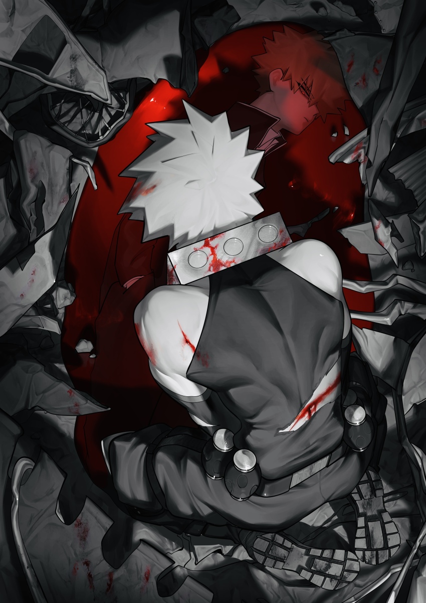 1boy absurdres aged_down baggy_pants bakugou_katsuki bare_shoulders belt between_legs black_pants bleeding blonde_hair blood blood_in_hair blood_on_back blood_on_clothes blood_on_ground blood_stain boku_no_hero_academia broken closed_mouth collared_shirt cuts detached_sleeves different_reflection explosive eyes_visible_through_hair from_above from_behind full_body gakuran glowing glowing_eyes grenade hand_between_legs hand_in_pocket head_down high_collar highres injury knee_pads konishi_(zatuizatui598) leaning_forward light light_frown long_sleeves looking_at_another male_focus pants partially_colored pool_of_blood profile red_eyes reflection rubble school_uniform seiza shadow shirt shoe_soles short_hair sideways_mouth sitting skin_tight sleeveless solo spiked_hair tank_top toned toned_male torn_clothes torn_sleeve torn_tank_top unused_tire wheel white_shirt wreckage