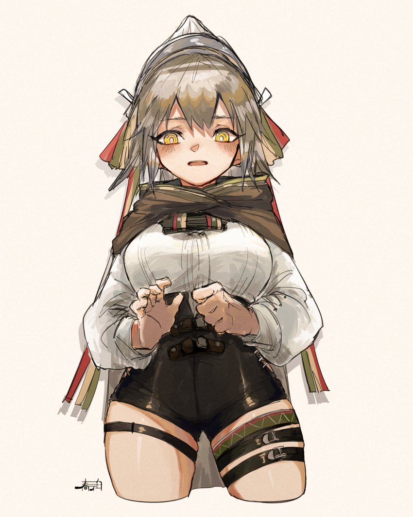 1girl absurdres arknights black_shorts breasts brown_capelet brown_hair capelet cropped_legs fartooth_(arknights) grey_background harukan_tiusu highres hood hood_down hooded_capelet long_sleeves looking_at_viewer medium_breasts parted_lips puffy_long_sleeves puffy_sleeves shirt short_shorts shorts simple_background solo thigh_strap white_shirt yellow_eyes