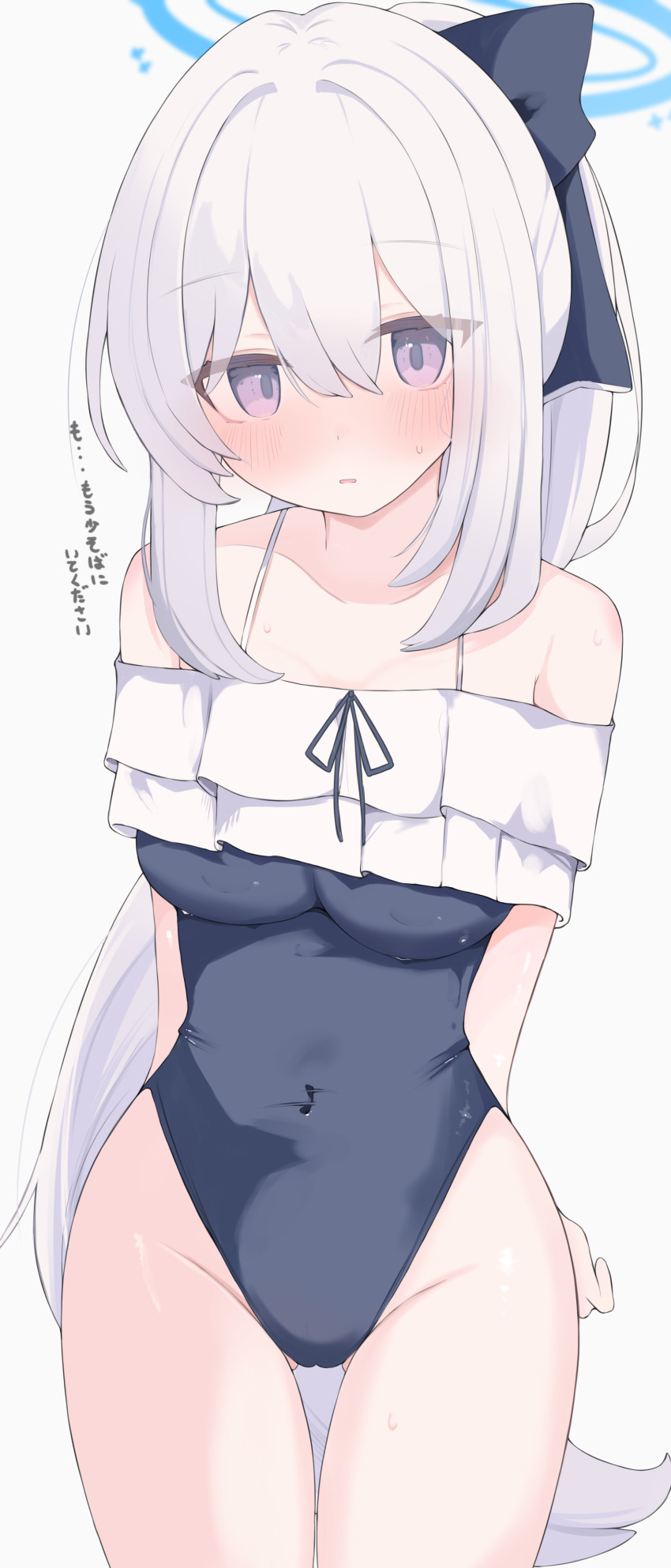 1girl :o absurdres arms_behind_back blue_archive blue_one-piece_swimsuit blush breasts cameltoe casual_one-piece_swimsuit commentary covered_navel cowboy_shot frilled_one-piece_swimsuit frills gluteal_fold grey_hair groin halo highres long_hair looking_at_viewer medium_breasts miyako_(blue_archive) miyako_(swimsuit)_(blue_archive) nui_(nuinui0300) official_alternate_costume one-piece_swimsuit ponytail purple_eyes ribbon-trimmed_swimsuit ribbon_trim simple_background solo sweatdrop swimsuit thigh_gap translation_request very_long_hair white_background