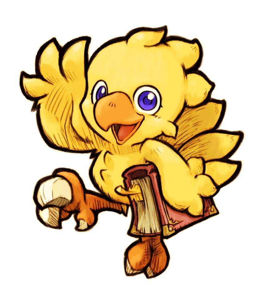 arm_up bird book bookmark carrying carrying_under_arm chocobo creature creature_focus final_fantasy final_fantasy_fables full_body happy highres holding holding_book looking_at_viewer no_humans official_art open_mouth purple_eyes simple_background smile solo tachi-e third-party_source waving white_background