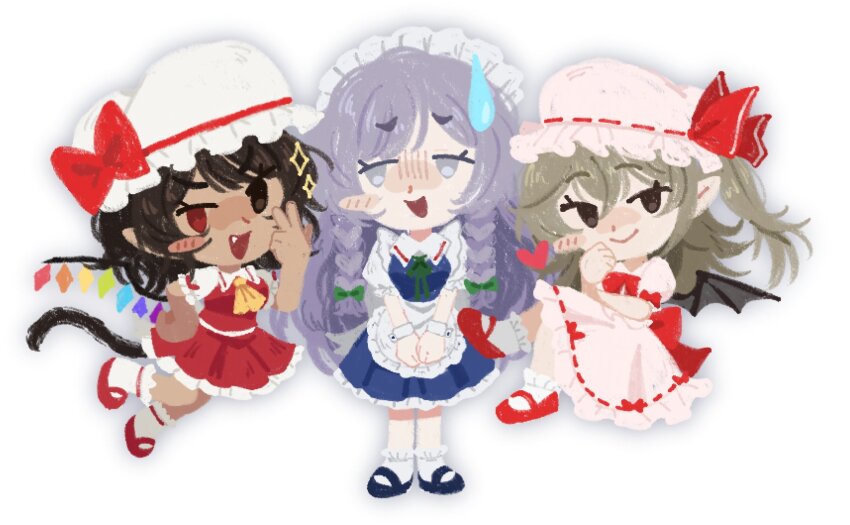3girls apron bat_wings blue_eyes bow brown_eyes brown_hair cat_tail comedic_sweatdrop commentary cosplay dark-skinned_female dark_skin english_commentary flandre_scarlet flandre_scarlet_(cosplay) grey_eyes grey_hair hand_up hat hat_bow heterochromia highres izayoi_sakuya izayoi_sakuya_(cosplay) maid maid_headdress mob_cap multiple_girls original pink_hat pink_skirt pointy_ears red_eyes red_skirt remilia_scarlet remilia_scarlet_(cosplay) saccharhythm skirt skirt_set socks sweatdrop tail touhou w waist_apron white_hat white_socks wings wrist_cuffs