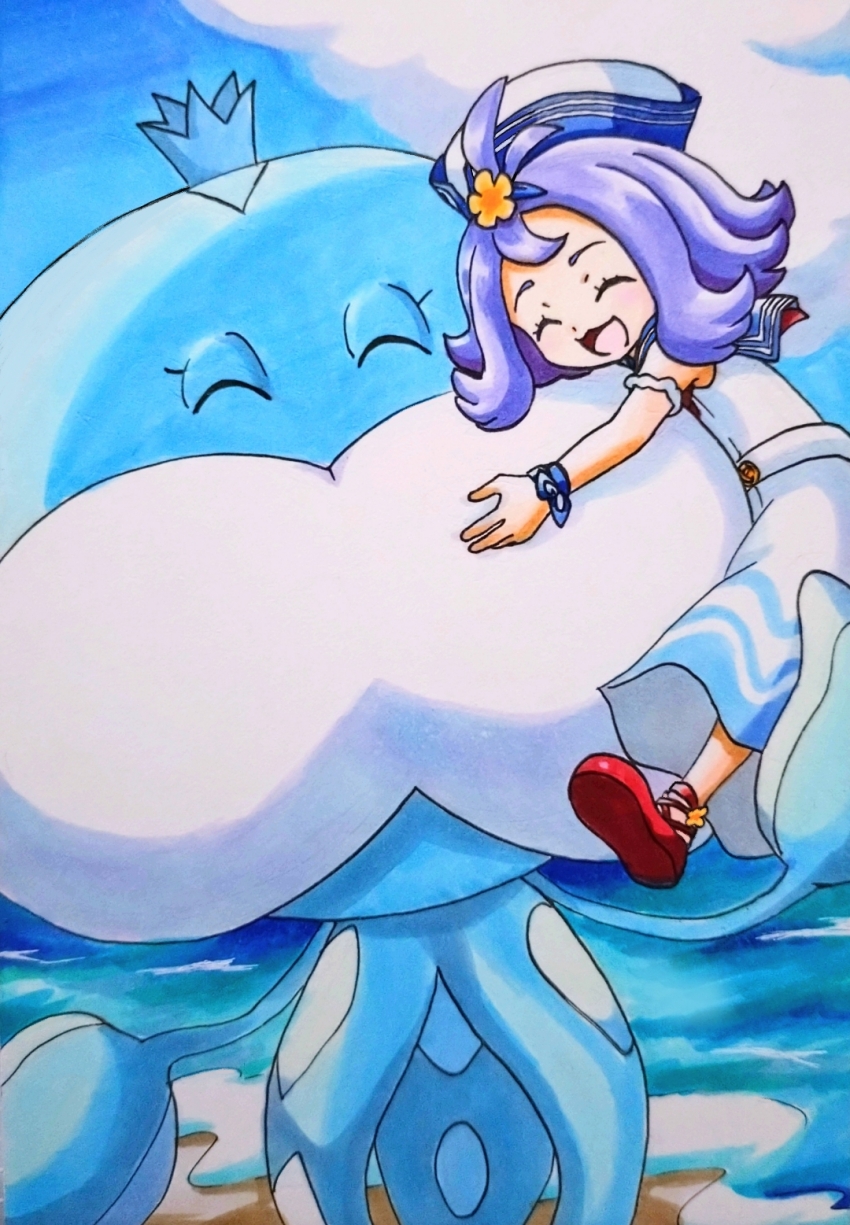 1girl :3 acerola_(pokemon) acerola_(summer_2024)_(pokemon) alternate_costume beach blue_sailor_collar blue_sky closed_eyes cloud flower gen_5_pokemon hair_flower hair_ornament hat highres hug jellicent jellicent_(male) medium_hair nintendo official_alternate_costume open_mouth orange_flower pokemon pokemon_(creature) pokemon_masters_ex purple_hair red_footwear sailor_collar sailor_hat sand sky smile speedy_(pkh) water white_hat