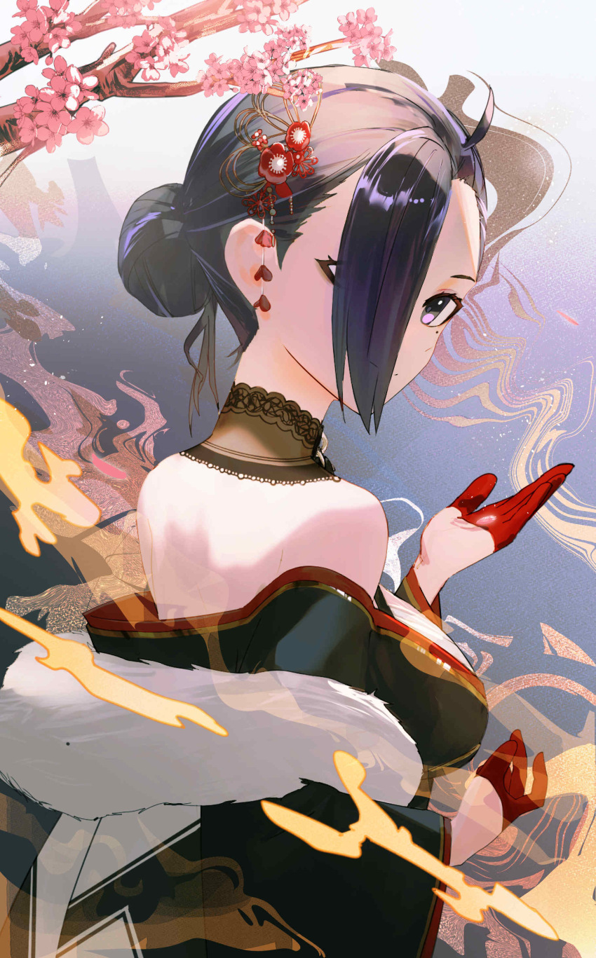 1girl absurdres ahoge black_choker black_eyes black_hair black_kimono breasts cherry_blossoms choker fur-trimmed_kimono fur_trim gloves hair_over_one_eye highres japanese_clothes kimono kson kson_(kimono) lace-trimmed_choker lace_trim large_breasts looking_at_viewer lupo_(lupoyorosiku) medium_hair mole mole_under_eye red_gloves sideboob solo virtual_youtuber vshojo