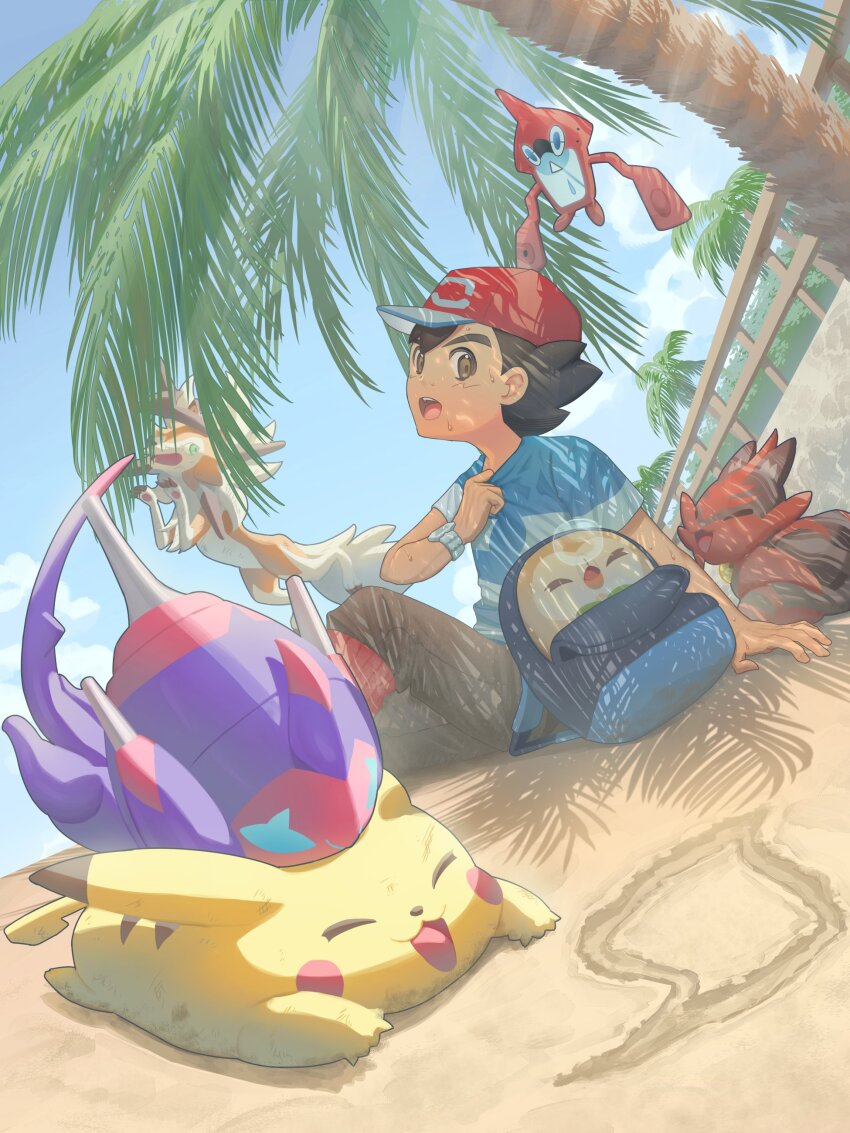 1boy absurdres arm_support ash_ketchum backpack bag blue_shirt commentary_request day gen_1_pokemon gen_4_pokemon gen_7_pokemon hand_up hat highres lycanroc lycanroc_(dusk) male_focus mokukitusui nintendo open_mouth outdoors palm_tree pants pikachu poipole pokemon pokemon_(anime) pokemon_(creature) pokemon_sm_(anime) red_hat rotom rotom_dex rowlet sand shirt short_hair short_sleeves sitting sky striped_clothes striped_shirt torracat tree ultra_beast unworn_backpack unworn_bag