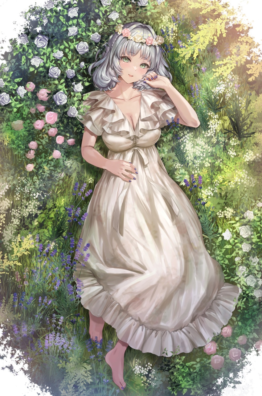 1girl absurdres arm_up barefoot braid breasts cleavage collarbone commentary dress flower frilled_dress frills from_above green_eyes hair_flower hair_ornament head_wreath highres kamishiro_rita large_breasts light_blush long_dress lying medium_hair nail_polish nature on_grass open_mouth outdoors prism_project purple_nails rose sakamuke silver_hair smile solo v-neck virtual_youtuber white_dress