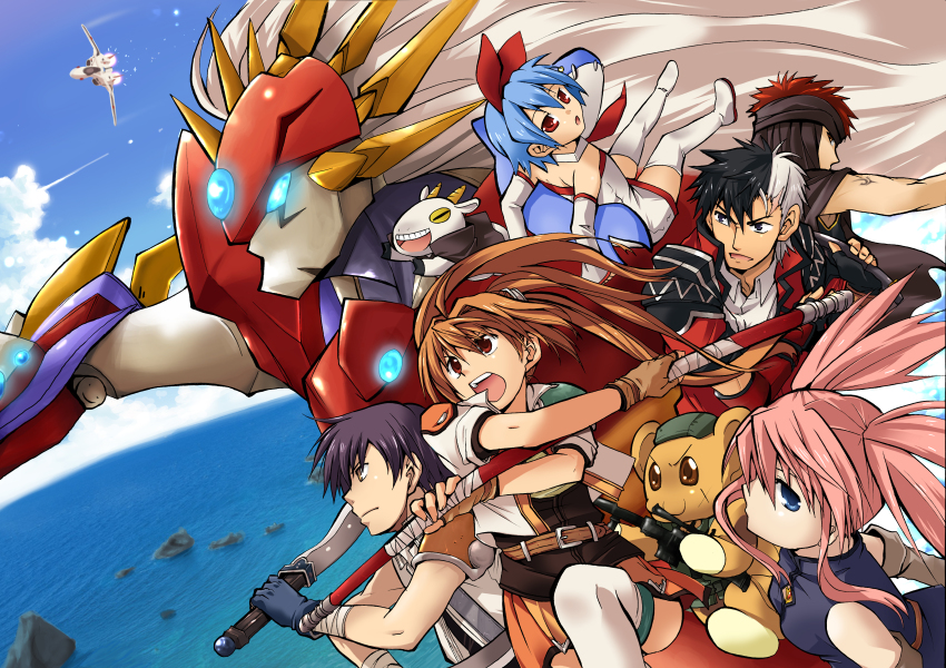 00s 1990s_(style) 3boys 3girls :o absurdres arisu_reiji banpresto bittsu_(v1tz) black_gloves black_hair blue_eyes blue_hair bonta-kun brown_eyes brown_hair capcom character_request choker coat cow crossover day disgaea eiyuu_densetsu estelle_bright everyone falcom fingerless_gloves fire_emblem fire_emblem:_the_blazing_blade full_metal_panic! gloves highres ialdabaoth jaffar_(fire_emblem) joshua_bright long_hair macross macross_plus mahou_sensei_negima! mecha multicolored_hair multiple_boys multiple_crossover multiple_girls namco namco_x_capcom nintendo nippon_ichi open_mouth orange_skirt original pink_hair pleinair polearm presea_combatir red_eyes red_hair retro_artstyle robot same-san short_hair sidelocks sitting skirt sky sora_no_kiseki staff stuffed_animal stuffed_toy super_robot_wars super_robot_wars_compact_3 super_robot_wars_og_saga_mugen_no_frontier tales_of_(series) tales_of_symphonia thighhighs twintails two-tone_hair weapon white_hair white_legwear yf-19